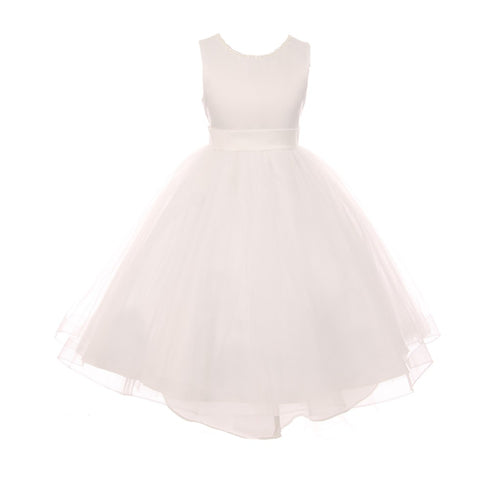 RainKids Big Girls Ivory Pearl Hi-Low Satin Tulle Flower Girl Dress 8-12 - SophiasStyle.com
